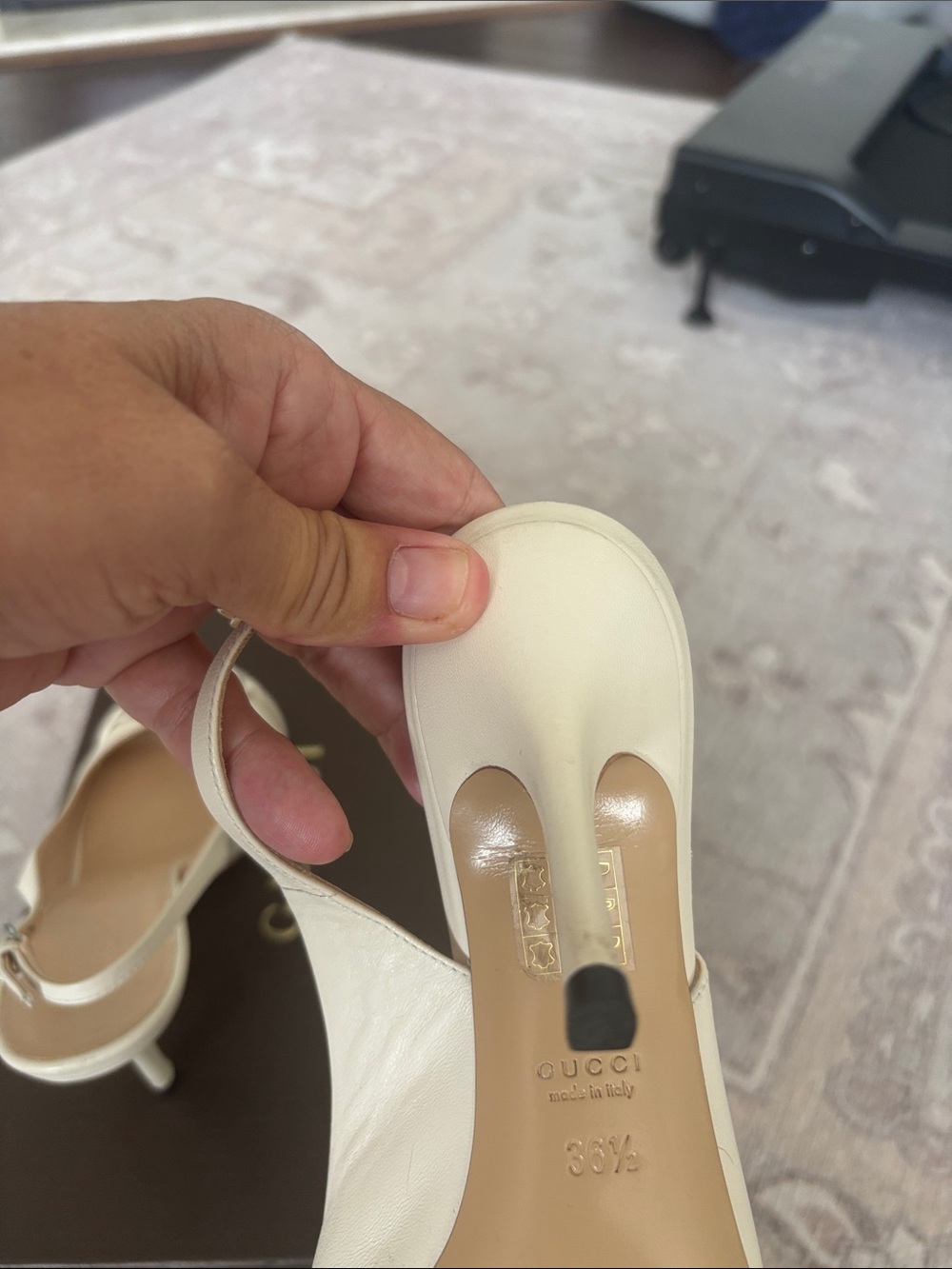 Gucci Cream Leather Peep-Toe Slingback Heels with Silver Tags - Picture 6 of 7